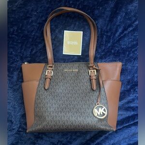 Michael Kors Charlotte Large Logo and Leather Top-Zip Tote Bag